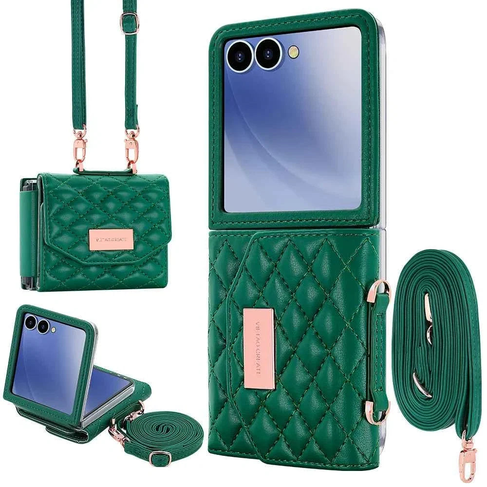 VIETAO Luxury Soft PU Leather Wallet Phone Case for Galaxy Z Flip 7/6/5/4/3 with Crossbody Strap - Durable Protective Cover