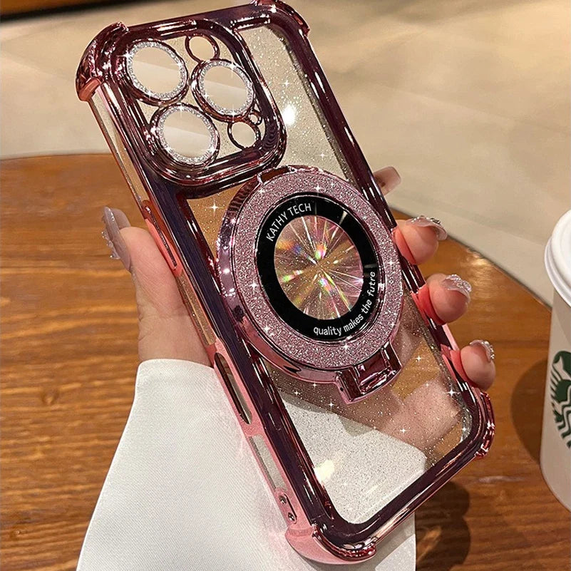 Double Bling Glitter Magsafe Bracket Case for iPhone 16 Pro Max Plus Transparent Plating Cover for iPhone 13 12 11 14 15 Pro Max