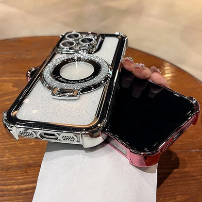 Double Bling Glitter Magsafe Bracket Case for iPhone 16 Pro Max Plus Transparent Plating Cover for iPhone 13 12 11 14 15 Pro Max