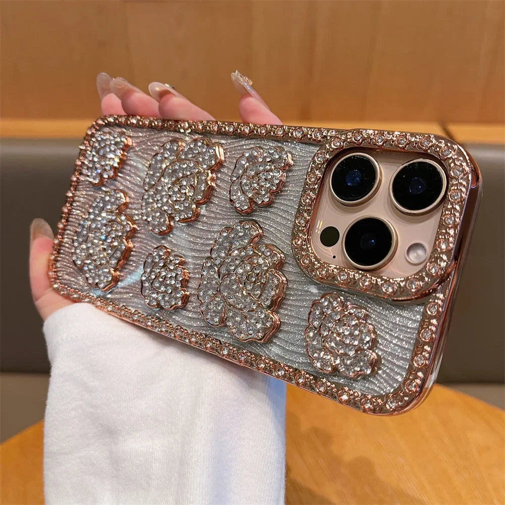 Fashion 3D Diamond Rose Phone Case for iPhone 16 15 14 13 11 12 Pro Max 16 Plus Bling Shiny Gradient Shockproof TPU Soft Cover
