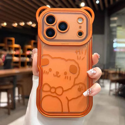 Orange Cute Bear Ear Plating Transparent Long Lanyard Case For iPhone 17 Pro Max 17Pro 17 Air Clear Soft TPU Shockproof Cover
