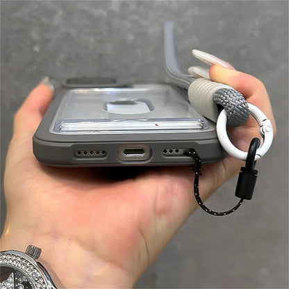 Acrylic Card Holder Fold Camera Bracket Clear Case for iPhone 16 15 14 13 12 11 Pro Max Plus Wrist Hand Strap Shockproof Cover
