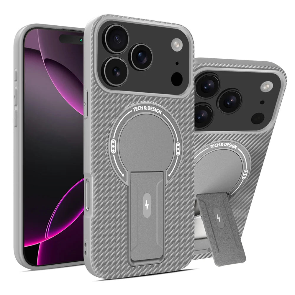 Bracket Carbon Fiber Texture Phone case For iPhone 17 17 Air 17 Pro 17 ProMax Wireless Charge Protect Cover Magnetic Phone Case