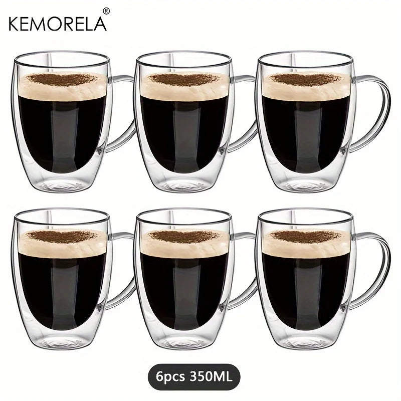 2/4/6PCS 350ML Double Wall Glass Coffee Mug With Handle Transparent Glass Cappuccino Cup Coffee Milk Tea Juice Tea Cup