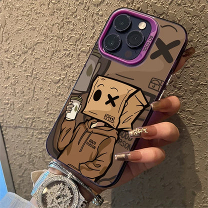 Cartoon Box Man Pattern Plating Phone Case for iPhone 16 15 14 13 12 11 Pro Max 16E XS X XR 7 8 Plus SE2 Shockproof Matte Cover