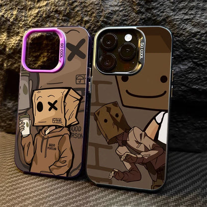Cartoon Box Man Pattern Plating Phone Case for iPhone 16 15 14 13 12 11 Pro Max 16E XS X XR 7 8 Plus SE2 Shockproof Matte Cover