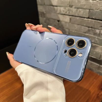 Luxury Large Glass Window for Magsafe Case For iPhone 16 15 14 Pro Max 16Promax 16Pro Plating Magnectic Wireless Charging Cover