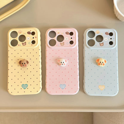 Korean Polka Dots 3D Cartoon Puppy Phone Case For iPhone 17 16 15 14 13 12 Pro Max Candy Colors Shockproof Protective Soft Cover