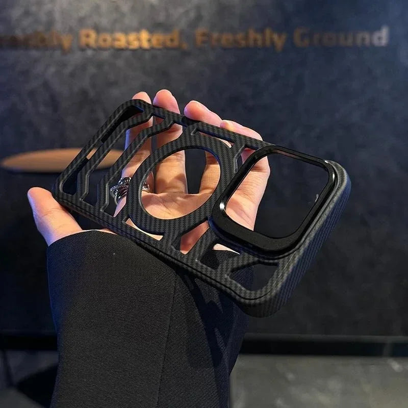 Frameless Fiber Pattern Logo Hole Hollow Magnetic Case for iPhone 12 13 14 15 16 Pro Max Magsafe Lens Stand Flip Bracket Cover