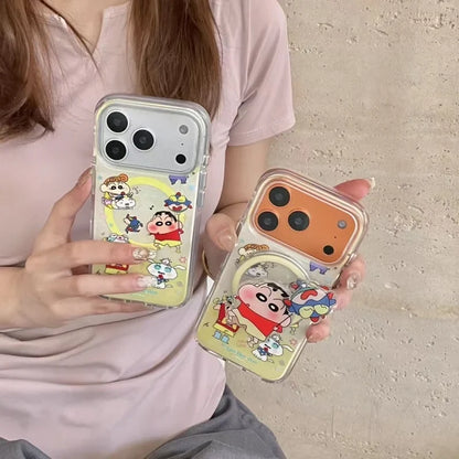 Cute Crayon Shin-chan Magsafe Wireless Charge Case For iPhone 13 14 15 16 17 Pro Max Cartoon Superman Shin-chan Magnetic Stand