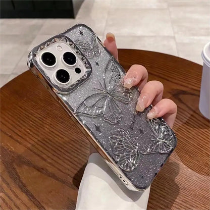 3D Bling Glitter Butterfly Quicksand Gradient Phone Case For iPhone 16 15 14 13 12 11 Pro Max 16 Plus Plating Shockproof  Cover