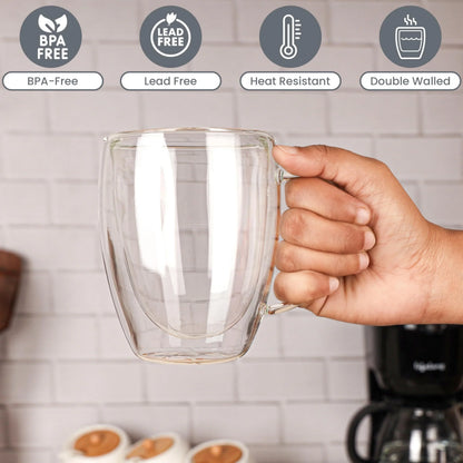 2/4/6PCS 350ML Double Wall Glass Coffee Mug With Handle Transparent Glass Cappuccino Cup Coffee Milk Tea Juice Tea Cup