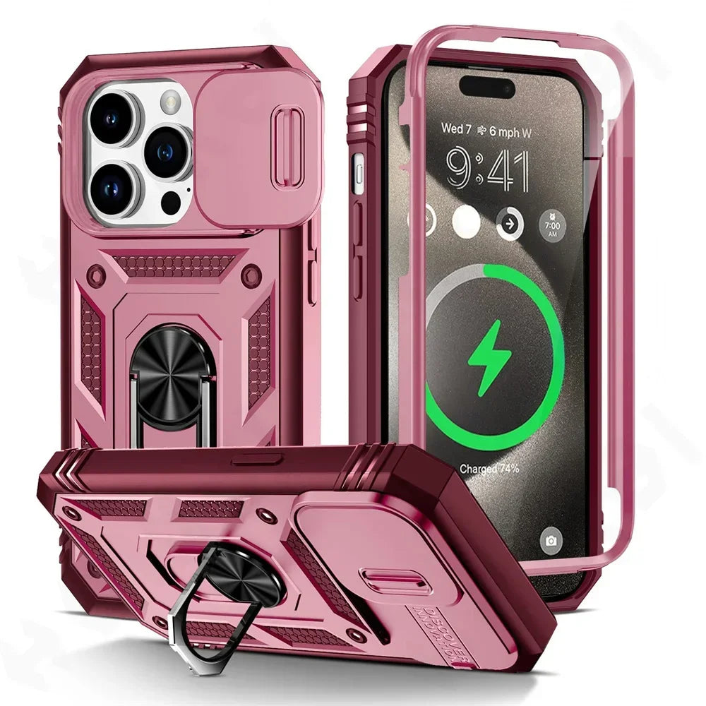 Case For iPhone 16 15 14 13 12 11 Pro XS Max XR Plus Camera Slide Military Grade Armor Protection 360 Degree Rotate Armor Cover