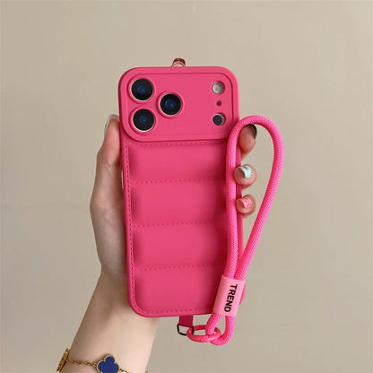 Soft Down Jacket Silicone Case For iPhone 17 16 15 14 13 12 11 Pro Max Plus Air Shockproof Camera Protection Wrist Strap Cover