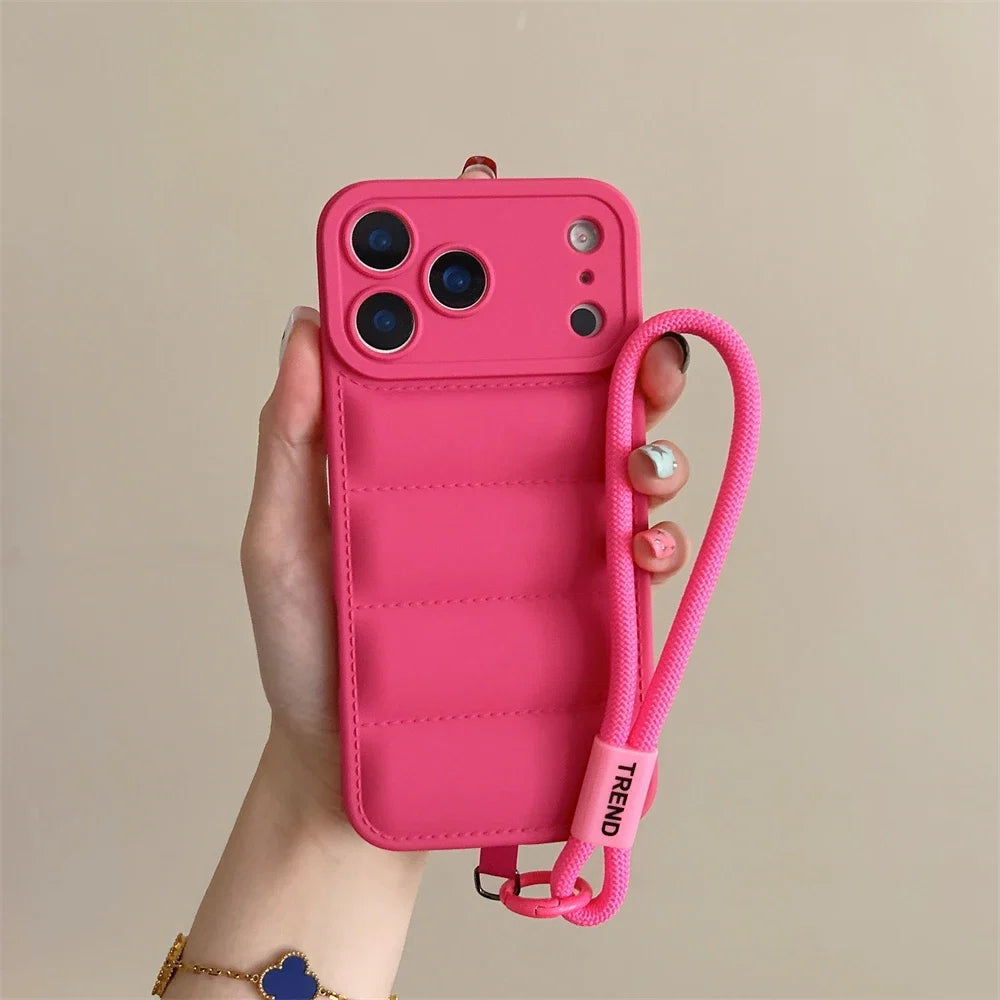 Soft Down Jacket Silicone Case For iPhone 17 16 15 14 13 12 11 Pro Max Plus Air Shockproof Camera Protection Wrist Strap Cover