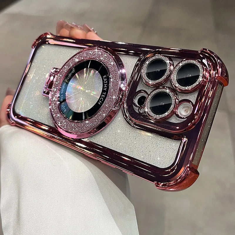 Double Bling Glitter Magsafe Bracket Case for iPhone 16 Pro Max Plus Transparent Plating Cover for iPhone 13 12 11 14 15 Pro Max