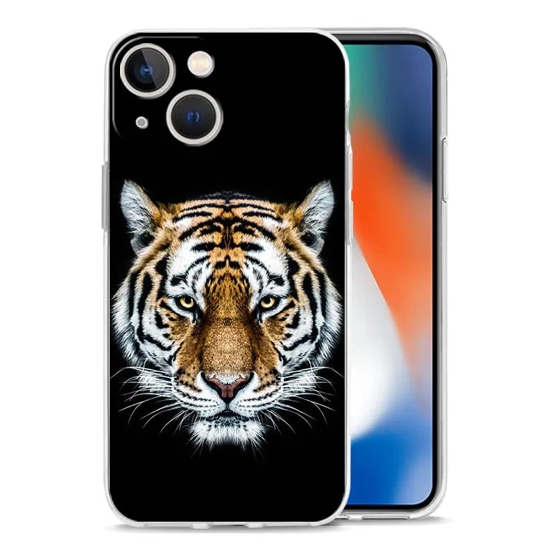 Luxury Transparent Phone Case For iPhone 15 14 13 12 11 Pro Max XS X XR 7 8 Plus Clear Cover Black Cheetah Tiger Lion Animals