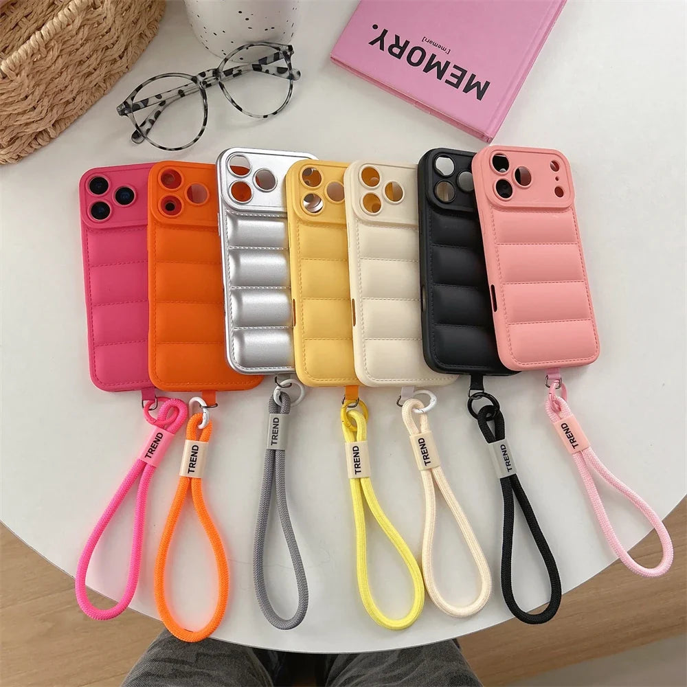 Soft Down Jacket Silicone Case For iPhone 17 16 15 14 13 12 11 Pro Max Plus Air Shockproof Camera Protection Wrist Strap Cover