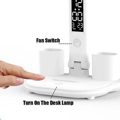 3In1 Multifunctional Desk Lamp LED Desk Lamp Four-Head Folding With Fan Calendar Clock USB Rechargeable Reading Office Desk Lamp