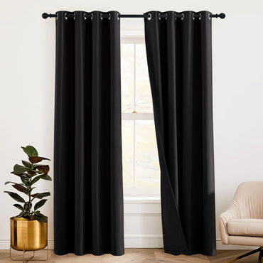 RYB HOME Soundproof Divider Curtains Blackout Curtains for Living Room Bay Window Inside Felf Linings Insulted Heat Noise Shade Drapes for Sliding Glass Door W 52 x L 95 inches Black 2 Pcs