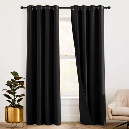 RYB HOME Soundproof Divider Curtains Blackout Curtains for Living Room Bay Window Inside Felf Linings Insulted Heat Noise Shade Drapes for Sliding Glass Door W 52 x L 95 inches Black 2 Pcs