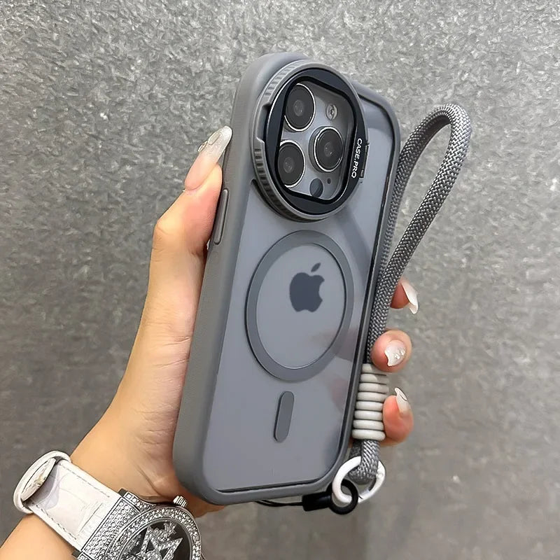 16 ProMax Flip Lens Bracket Magsafe Case for iPhone 16 15 14 13 12 11 Pro Max 16 Plus Fashion Nylon Lanyard Clear Magnetic Cover