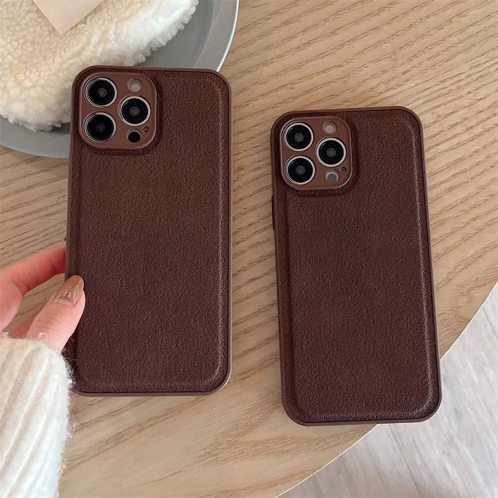 Luxury Solid Color Brown Soft Leather Phone Case For iPhone 15 14 12 13 Pro Max 11 X XS XR 7 8 Plus SE Shockproof Silicone Cover