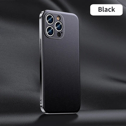 Genuine Cowhide Leather Phone Case for iPhone 16 15 11 12 13 14 Pro Max Luxury Plating Shockproof Lens Protection Back Cover