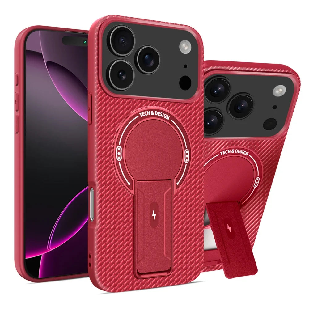 Bracket Carbon Fiber Texture Phone case For iPhone 17 17 Air 17 Pro 17 ProMax Wireless Charge Protect Cover Magnetic Phone Case