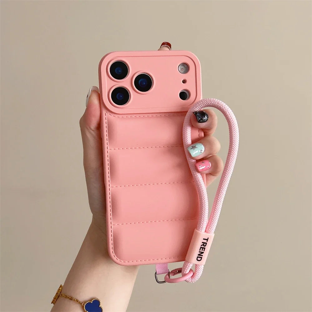 Soft Down Jacket Silicone Case For iPhone 17 16 15 14 13 12 11 Pro Max Plus Air Shockproof Camera Protection Wrist Strap Cover