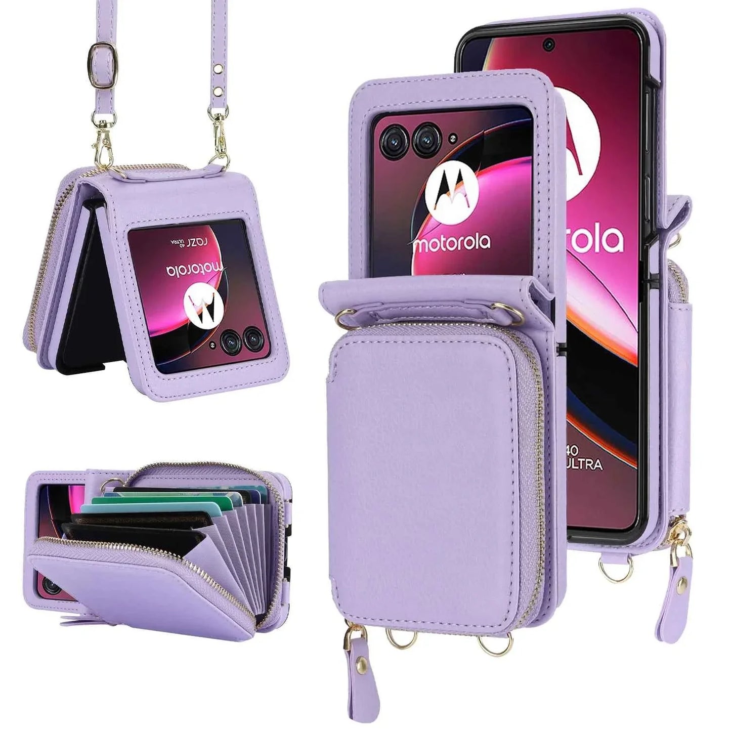 Crossbody Zipper Cards Solt Wallet Leather Case for Motorola Razr 50 Ultra Razr50 40 Long Lanyard Bag RFID Multifunctional Cover
