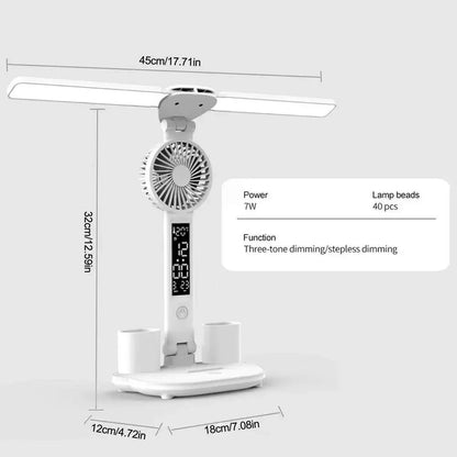 LED Desk Lamp Portable Foldable Fan Lamp Smart Display Clock USB Rechargeable Desk Lamp Eye Protection Study Reading Desk Light