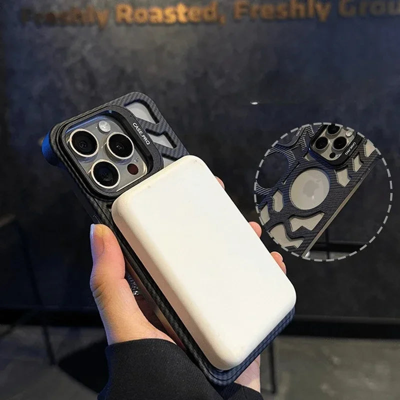 Frameless Fiber Pattern Logo Hole Hollow Magnetic Case for iPhone 12 13 14 15 16 Pro Max Magsafe Lens Stand Flip Bracket Cover