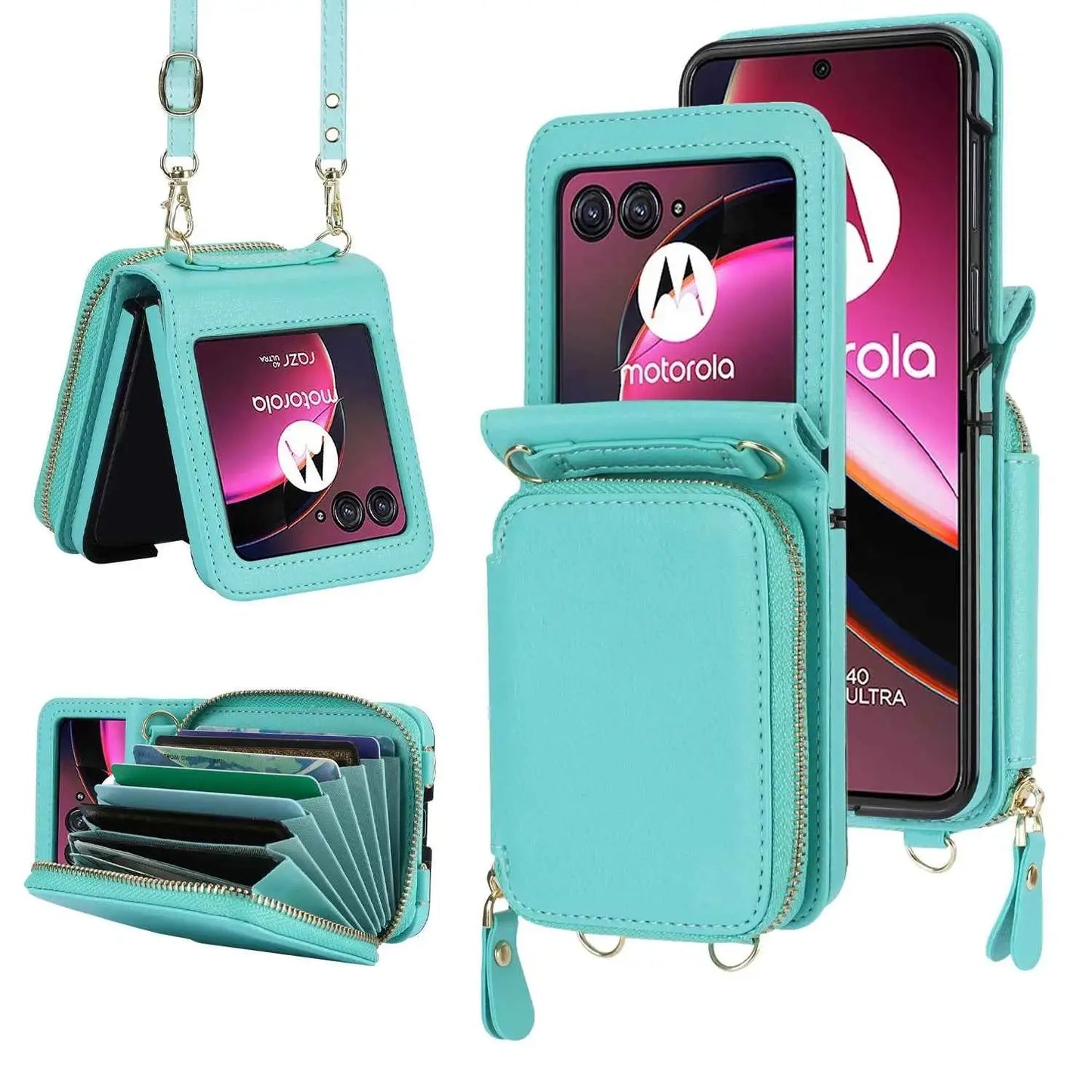 Crossbody Zipper Cards Solt Wallet Leather Case for Motorola Razr 50 Ultra Razr50 40 Long Lanyard Bag RFID Multifunctional Cover