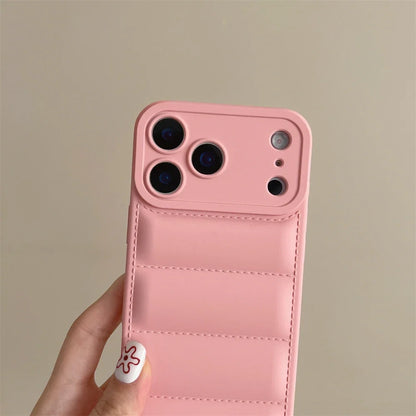 Soft Down Jacket Silicone Case For iPhone 17 16 15 14 13 12 11 Pro Max Plus Air Shockproof Camera Protection Wrist Strap Cover