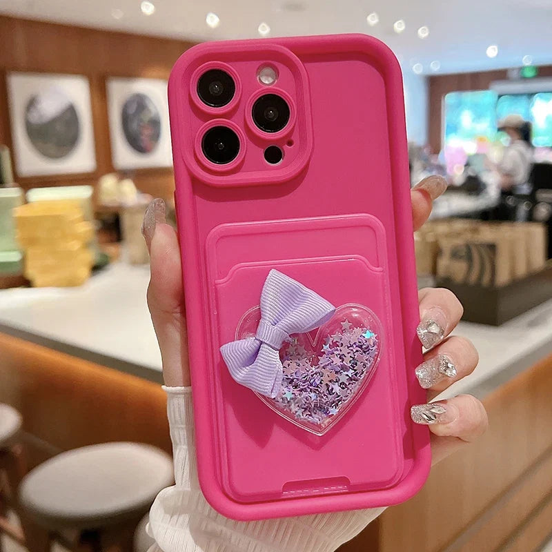Lovely 3D Love Heart Card Bag Holder Phone Case For iPhone 15 14 13 12 11 16 Pro Max XR XS 7 8 Plus Shockproof Candy Soft Cover