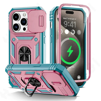 Case For iPhone 16 15 14 13 12 11 Pro XS Max XR Plus Camera Slide Military Grade Armor Protection 360 Degree Rotate Armor Cover