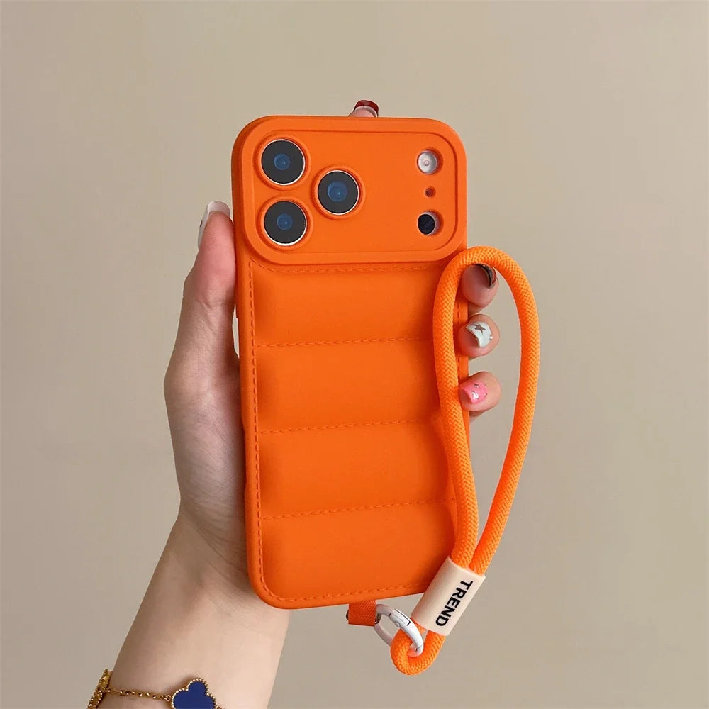 Soft Down Jacket Silicone Case For iPhone 17 16 15 14 13 12 11 Pro Max Plus Air Shockproof Camera Protection Wrist Strap Cover
