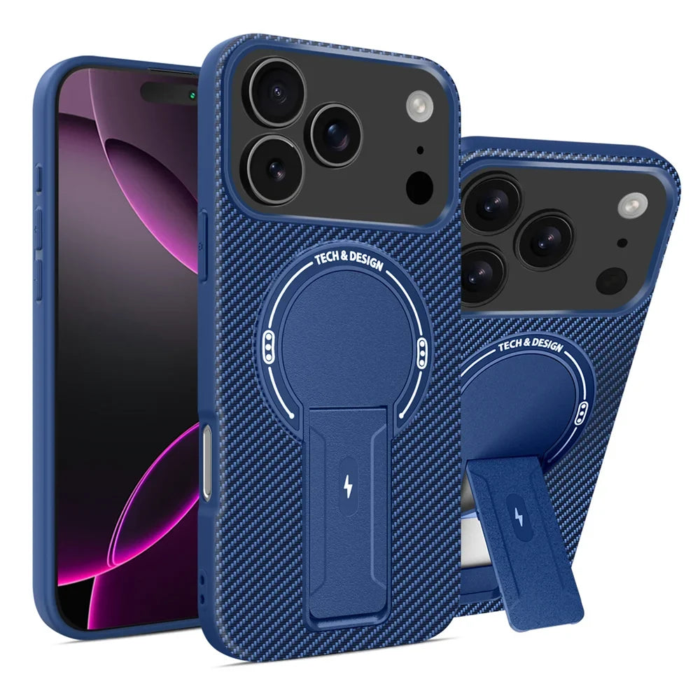 Bracket Carbon Fiber Texture Phone case For iPhone 17 17 Air 17 Pro 17 ProMax Wireless Charge Protect Cover Magnetic Phone Case