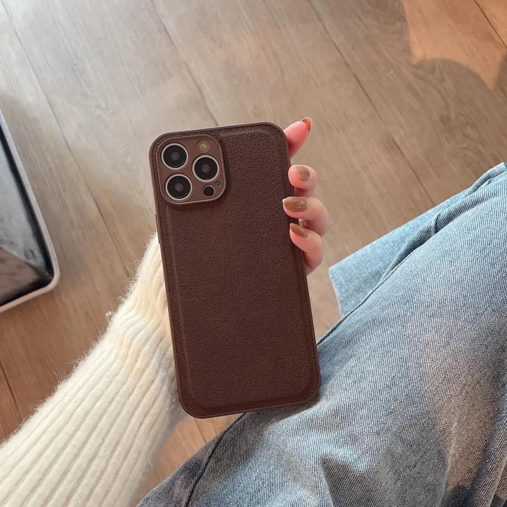 Luxury Solid Color Brown Soft Leather Phone Case For iPhone 15 14 12 13 Pro Max 11 X XS XR 7 8 Plus SE Shockproof Silicone Cover