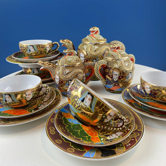 Vintage Satsuma Moriage Japanese Gold Dragon Tea Set. 4 Cups & Saucers. 3 D Dragons. Gift for Tea Connoisseur Collector. Asian Home Decor.