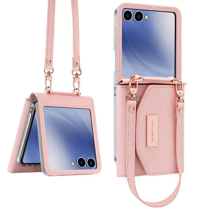 VIETAO Dark Red PU Leather Wallet Phone Case with Wrist Strap for Galaxy Z Flip 7/6/5/4/3 Women's Fashionable Phone Cover Case