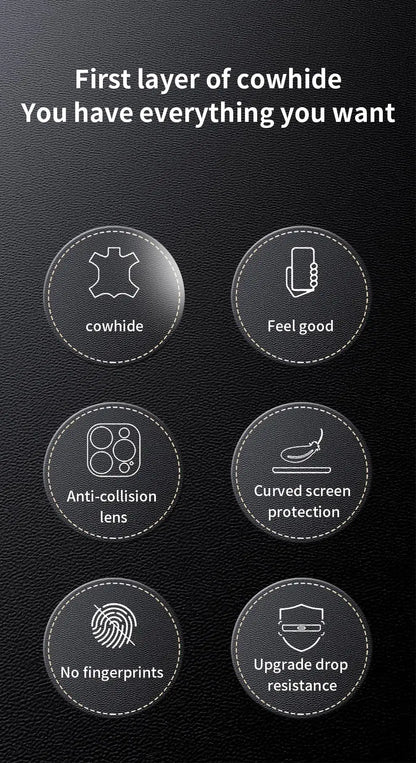 Genuine Cowhide Leather Phone Case for iPhone 16 15 11 12 13 14 Pro Max Luxury Plating Shockproof Lens Protection Back Cover