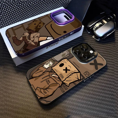 Cartoon Box Man Pattern Plating Phone Case for iPhone 16 15 14 13 12 11 Pro Max 16E XS X XR 7 8 Plus SE2 Shockproof Matte Cover