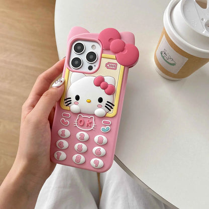 Cute 3D Telephone Hello Kitty Phone Case for iPhone 17 16 15 14 13 Pro Max Plus 17 Pro Cartoon Soft Silicone Cover with Lanyard