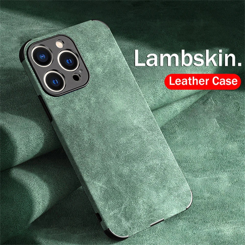 Luxury Shockproof Matte Lambskin Leather Case for iPhone 16 15 14 13 12 11 Pro X XR XS Max 7 8 Plus Soft Fabric Vintage Cover