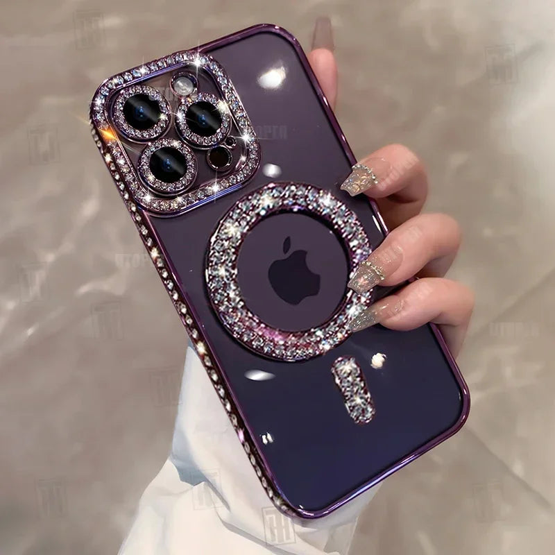 High-grade Glitter Rhinestones Phone Case For iPhone 16 15 11 12 13 14 Pro Max 16 Plus Magsafe Magnetic Clear Lens Protect Cover