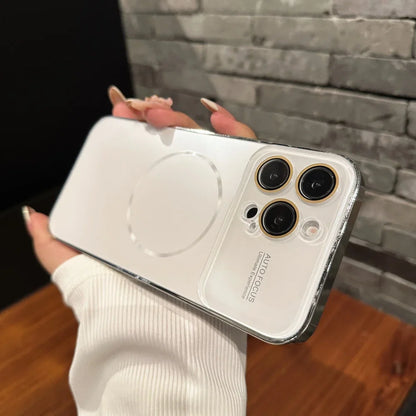 Luxury Large Glass Window for Magsafe Case For iPhone 16 15 14 Pro Max 16Promax 16Pro Plating Magnectic Wireless Charging Cover