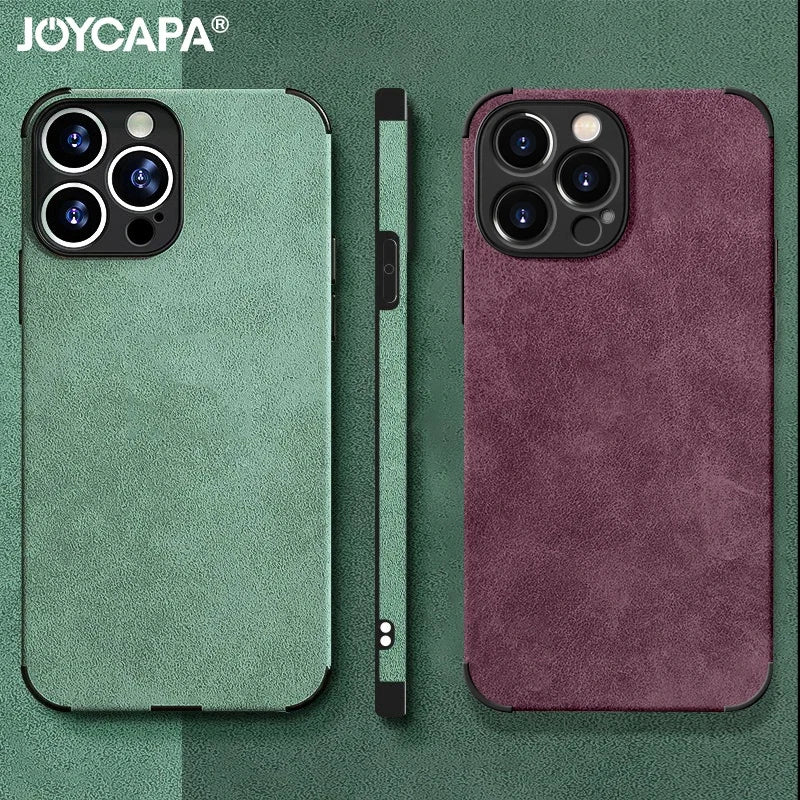Luxury Shockproof Matte Lambskin Leather Case for iPhone 16 15 14 13 12 11 Pro X XR XS Max 7 8 Plus Soft Fabric Vintage Cover