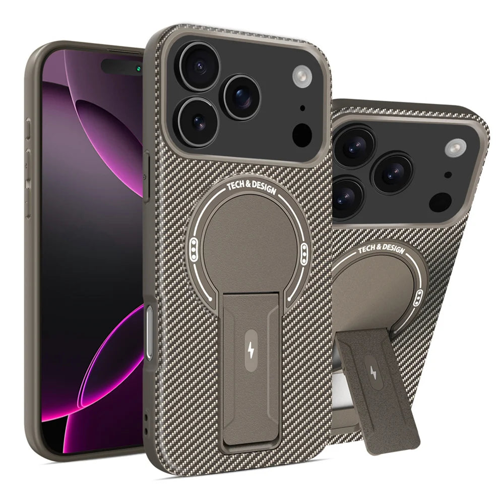 Bracket Carbon Fiber Texture Phone case For iPhone 17 17 Air 17 Pro 17 ProMax Wireless Charge Protect Cover Magnetic Phone Case